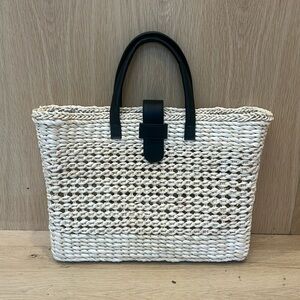 Straw Tote with Leather Handles